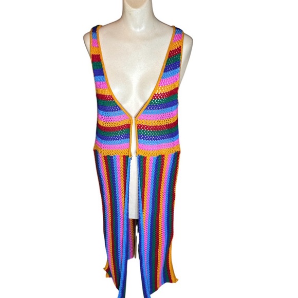 Anthropologie Runway 7 Rainbow Crochet Duster Sweater Vest Large Acrylic SM/MED - Picture 2 of 6